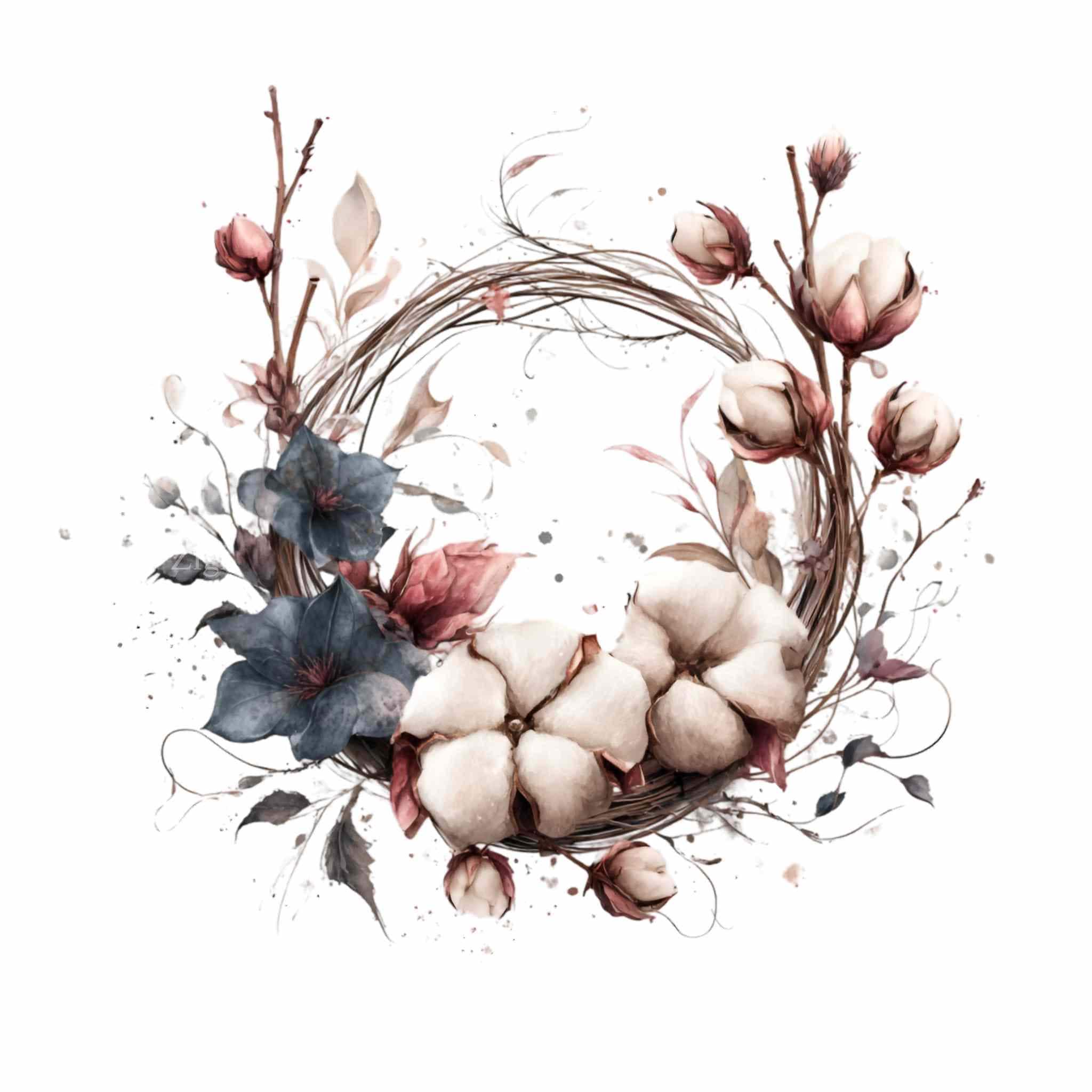 16 Cotton Flower Wreath Png, Farmhouse Botanical Sublimation