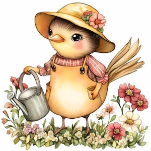 18 PNG mignon poussin jardinier PNG Clipart - arrosoir, tablier, chapeau de paille avec des fleurs, entouré de fleurs printanières - art d'oiseaux