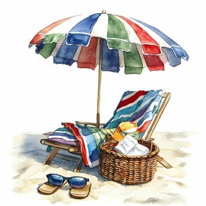 Chaise de plage JPEG 12 cliparts aquarelle parapluie, scène de détente estivale, illustration de décoration côtière, téléchargement numérique JPG