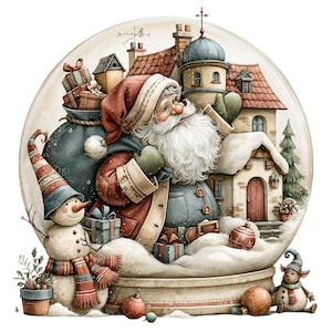 Könnte beinhalten: Eine dekorative Schneekugel mit einem bärtigen Weihnachtsmann im roten Mantel, der einen Geschenkesack trägt, neben einem Schneemann, einem kleinen Haus mit rotem Dach und einem Tannenbaum. Mehrere verpackte Geschenke und Kugeln liegen verstreut.
