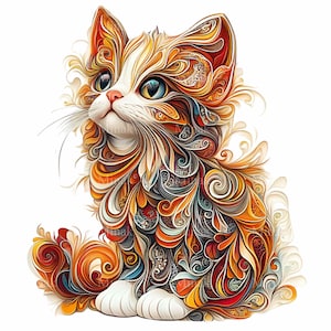 11 imágenes prediseñadas PNG de arte en espiral de gato, ilustración abstracta colorida de gato, diseño de gato con patrón único sobre fondo blanco