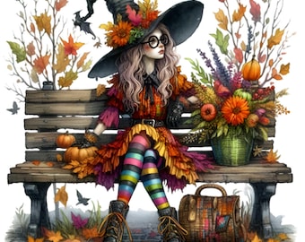 12 PNG Autumn Witch Clipart, Halloween Pumpkin Sublimation
