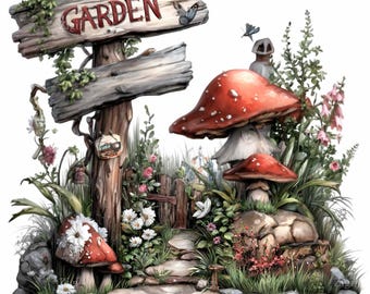 16 PNG Garden Sign Mushroom Clipart, Fly Butterfly Illustration