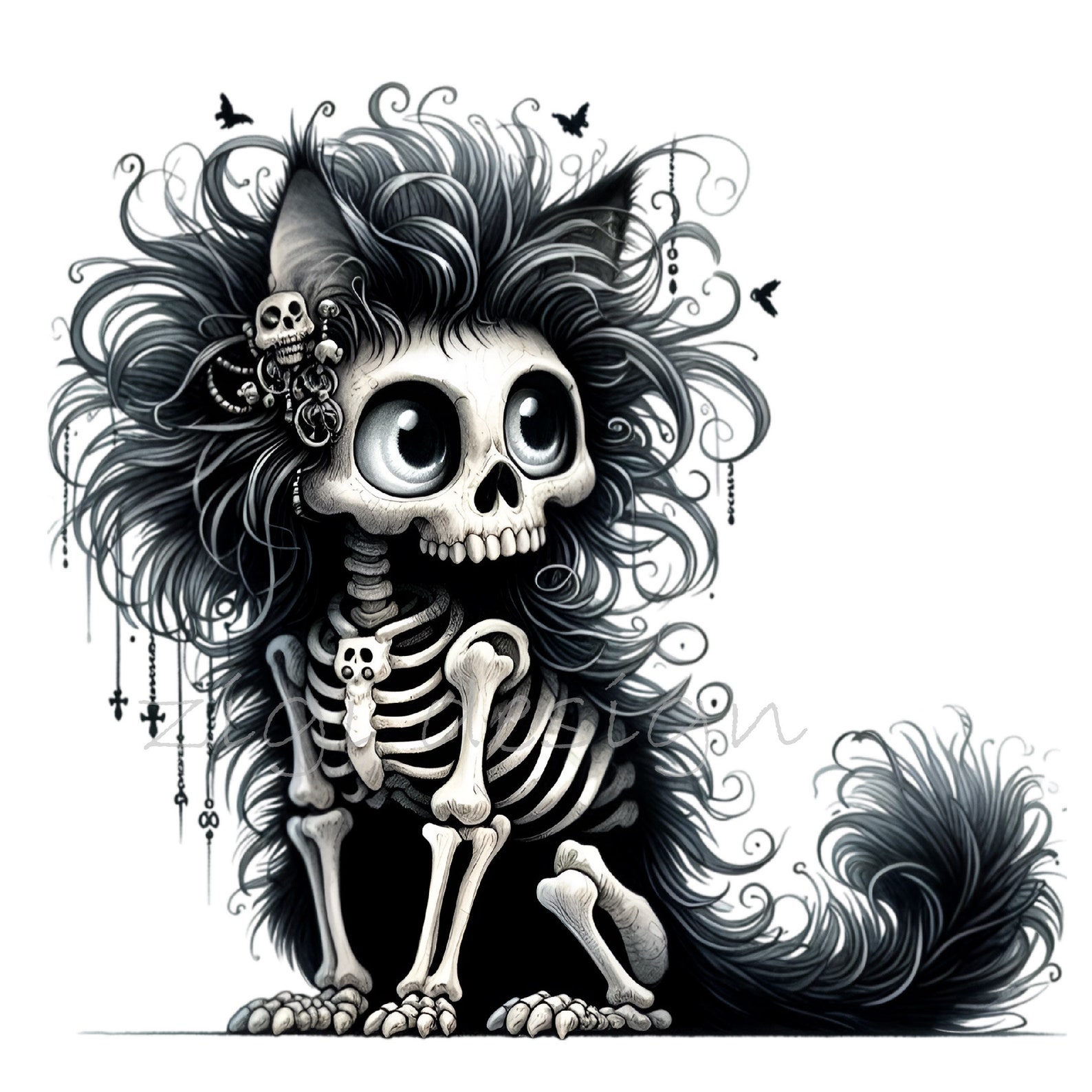 12 PNG Skeleton Cat Clipart - Gothic Furry Skull Kitten With Black Fur ...