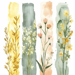 36 imágenes prediseñadas de tiras botánicas JPEG, paneles de acuarela con flores silvestres, impresión de bordes florales pastel, decoración vertical natural