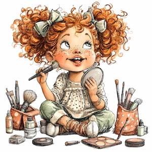 12 PNG Trucco ragazza rossa PNG – Clipart di bambini carini con strumenti di bellezza – Design divertente per lavoretti per bambini, arte di compleanno, stampabili