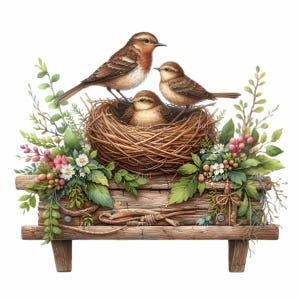 12 vogelnest png-afbeeldingen – drie vogels in geweven nest op rustieke plank met bloemen en groen – lente natuurtafereel