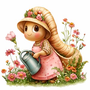14 niedliche Schnecke Gärtner PNG Clipart, Blumenbewässerung Frühlingsszene, Kawaii Garten Insekt mit Hut und Blumen für Kinder Basteln & Dekor