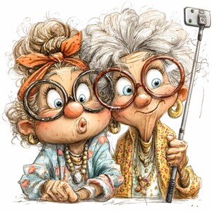 May include: A cartoon illustration of two older women posing for a selfie. They wear large, round spectacles, jewellery, and bright clothing. One woman pouts, the other smiles. The artwork has a whimsical, cartoon style, with a selfie stick in view.
