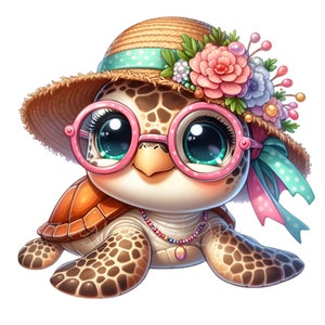 May include: A cartoon turtle wearing a straw hat with a blue ribbon and pink flowers, pink round glasses, and a beaded necklace. The turtle has brown and tan shell markings.