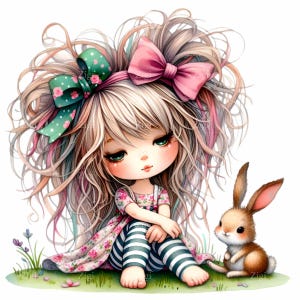 15 Ragazza con fiocchi e coniglietto PNG Clipart - Arte primaverile stravagante - Download digitale carino