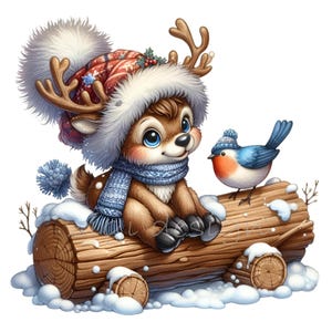Clipart renne de Noël - 15 Illustration de renne festif adorable en bonnet de Noel et écharpe avec oiseau, téléchargement numérique PNG