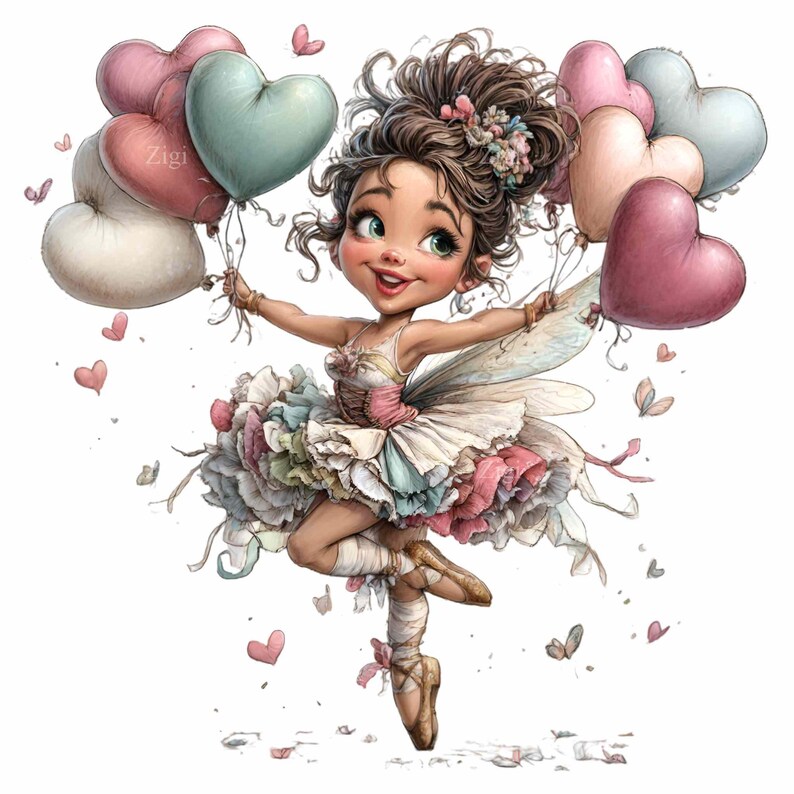 Fairy ballerina clipart – Heart balloons PNG illustration – Digital art for stickers, shirts, nursery prints, crafts, party decor sublimation