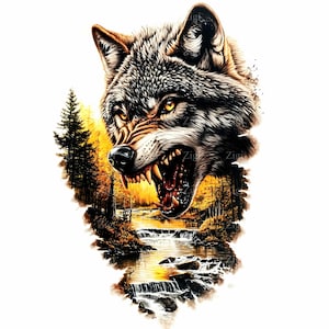 16 imágenes prediseñadas de lobo feroz en formato JPEG: río forestal JPG para arte mural de vida silvestre, decoración rústica, manualidades de aventura, impresiones masculinas y diseños de caza.