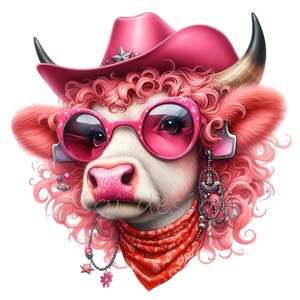 14 Cowgirl Cow Clipart PNG, Elegante mucca rosa con cappello e occhiali da sole, divertente download digitale per artigianato e decorazioni