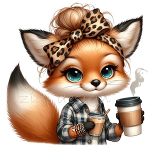 Puede incluir: Un zorro de dibujos animados con un lazo de leopardo marr&oacute;n y negro en el pelo, lleva una camisa a cuadros y sostiene dos tazas de caf&eacute;. Una taza es marr&oacute;n y la otra es blanca con una manga de papel marr&oacute;n.