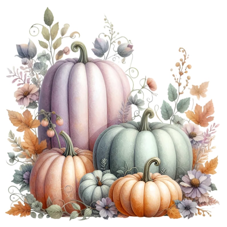 12 PNG Autumn Pumpkin Muted Fall Floral Watercolor Clipart - Etsy