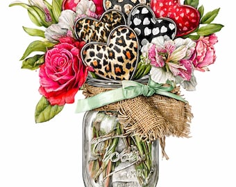 16 PNG Leopard Heart Mason Jar, Floral Rose Sublimation, Rustic Valentine Clipart