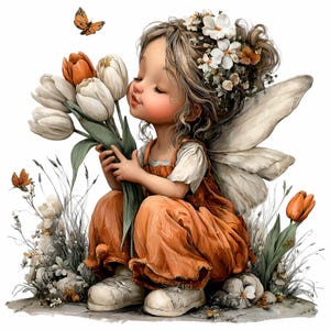 Könnte beinhalten: Digitale Illustration einer feenhaften Figur mit geschlossenen Augen, die an einem Strauß weißer und orangefarbener Tulpen riecht. Die Figur trägt ein orangefarbenes Kleid, weiße Schuhe und einen Blumenkranz. Zwei Schmetterlinge flattern in der Nähe. Das Kunstwerk hat einen weichen, skurrilen Stil.