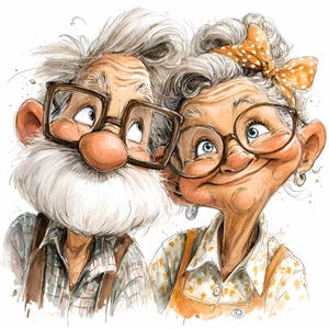 Puede incluir: Ilustración en acuarela de una pareja de ancianos. El hombre tiene una gran barba blanca y gafas cuadradas. La mujer lleva gafas redondas y un lazo de lunares. Ambos sonríen y miran hacia arriba.