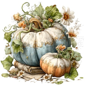 May include: A watercolor illustration of two pumpkins, one large and one small, in shades of blue, white, and orange. The pumpkins are adorned with floral accents and sit atop old books and parchment. Green leaves and vines add to the autumnal theme.
