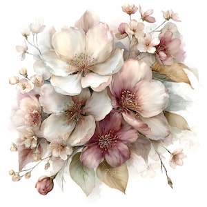 Op de afbeelding: Waterverfschilderij van een boeket bloemen in tinten wit, roze en bordeaux. Het arrangement toont grote, open bloemen met gedetailleerde meeldraden, omringd door kleinere knoppen en delicate bladeren. Het algemene effect is zacht en romantisch.