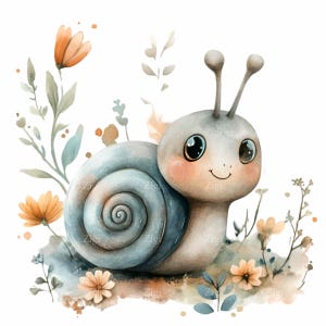 14 niedliche Aquarell Schnecke PNG Clipart, lächelnde Schnecke mit Blumen, Frühlingskinderzimmer Kunst, wunderliches Tier Sublimationsdesign