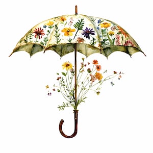 28 imágenes prediseñadas de paraguas florales JPEG, ramo vintage de flores silvestres dentro de una sombrilla, impresión artística de jardín botánico de primavera