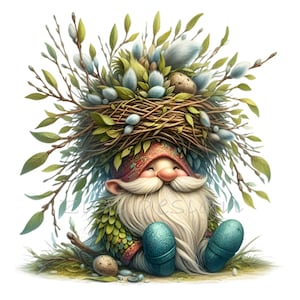 10 nain avec nid d'oiseau chapeau PNG Clipart, illustration de nain de printemps, art numérique sur le thème de la nature pour les travaux manuels