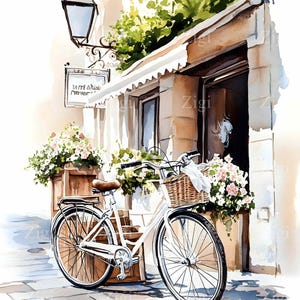 28 imágenes prediseñadas de bicicletas vintage JPEG JPG, escena callejera francesa con bicicleta floreada y cafetería al frente, arte digital de acuarela para impresiones