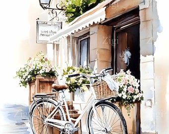 28 JPEG Vintage Bicycle Clipart JPG, French Street Scene with Flower Bike and Café Front, Digital Watercolor Art for Prints