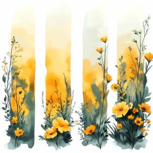 20 tiras de acuarela de flores silvestres PNG - Borde floral amarillo PNG - Ilustración de pincelada botánica
