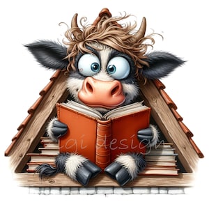 15 divertenti clipart PNG di mucca che legge un libro, mucca delle Highland con gli occhiali, arte per amanti della biblioteca, sublimazione, download istantaneo
