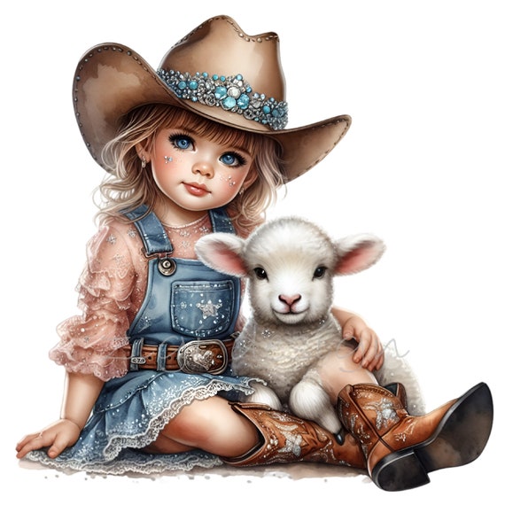 12 PNG Girl Clipart – Cowgirl Child with Lamb Illustration, Nursery Country Animal Art