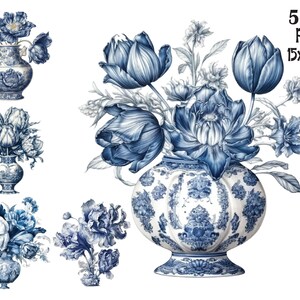Delft Blue Clipart PNG Watercolor Cottage Farm Floral Vase Sublimation ...
