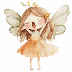 20 JPEG Ragazza fata assonnata che sbadiglia Clipart - Adorabile personaggio fantasy - Arte stravagante dei boschi JPG