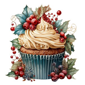 20 cliparts PNG Noël cupcake, dessert des fêtes avec houx, baies, pommes de pin et glaçage, téléchargement numérique hiver