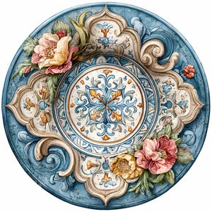 May include: A round, blue decorative plate with a floral design. The plate features a central medallion with a blue and gold pattern, surrounded by ornate, cream-colored scrollwork and pink and yellow flowers.