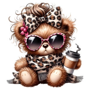Bear Clip Art, Leopard Print Bow Clipart, 14 PNG Coffee Animal Print Cheetah Fur, Teacher Kids School Shirt, Sublimation Mug Tumbler Planner