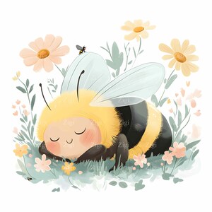 30 imágenes prediseñadas de abeja durmiendo en un prado de flores silvestres en formato JPEG: linda ilustración de naturaleza: arte primaveral de ensueño en formato JPG