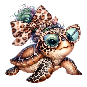 May include: A cartoon sea turtle with a leopard print bow in its hair and oversized sunglasses. The turtle has a brown shell with black markings.