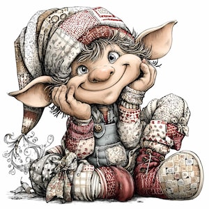 Puede incluir: Ilustración caprichosa de un gnomo sonriente con orejas grandes, que lleva un gorro, un peto y botas de retazos. El gnomo apoya la barbilla en las manos, con una expresión alegre. La paleta de colores incluye rojo, blanco y beige.