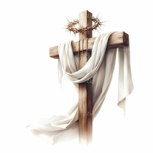 19 JPEG Paasopstanding – Houten kruis met doek JPG – Christelijke clipart voor zondagsdienst, geloofsafdrukken of religieuze muurkunst