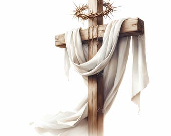 19 JPEG Easter resurrection – Wooden cross with cloth JPG – Christian clipart for Sunday service, faith prints or religious wall art