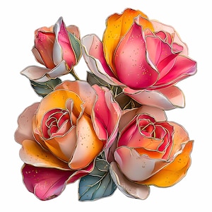 May include: A digital illustration of a bouquet of roses. The roses feature a gradient of colors, including pink, orange, and yellow, with gold outlines. The image has a white background and includes green leaves.