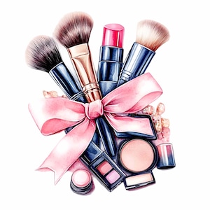 20 Clipart di trucco PNG - Pennelli di bellezza ad acquerello, rossetto e cosmetici con fiocco rosa - Glam Digital Download