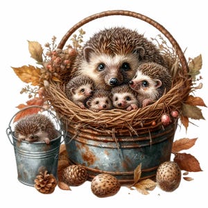 14 Famille de hérissons dans un panier rustique PNG Clipart, bébé hérissons dans un nid d'automne, illustration d'animaux d'automne à télécharger