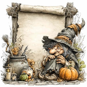 Op de afbeelding: Een grillige illustratie van een heks met een grote neus en bril, die een hoge hoed draagt, zittend naast een pompoen. Een perkament, ketel, kaarsen en andere Halloween-items maken de scène compleet.