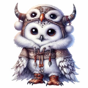 14 PNG Wikinger Eule Clipart PNG | Süße Schneeeule im nordischen Kostüm | Fantasie Vogel Illustration | Wintertier Sublimationskunst
