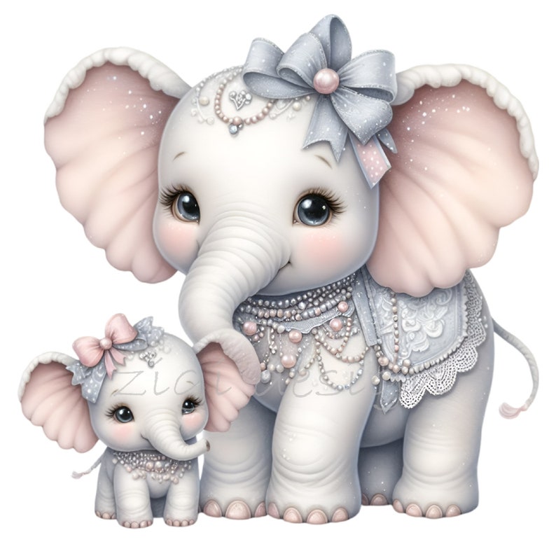 May include: A pair of white, cartoon-style elephants with pink ears and pearl necklaces. The larger elephant has a silver bow and lace trim. The smaller elephant has a pink bow.